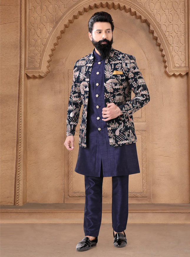 Navy Blue Silk Mens Indo Western