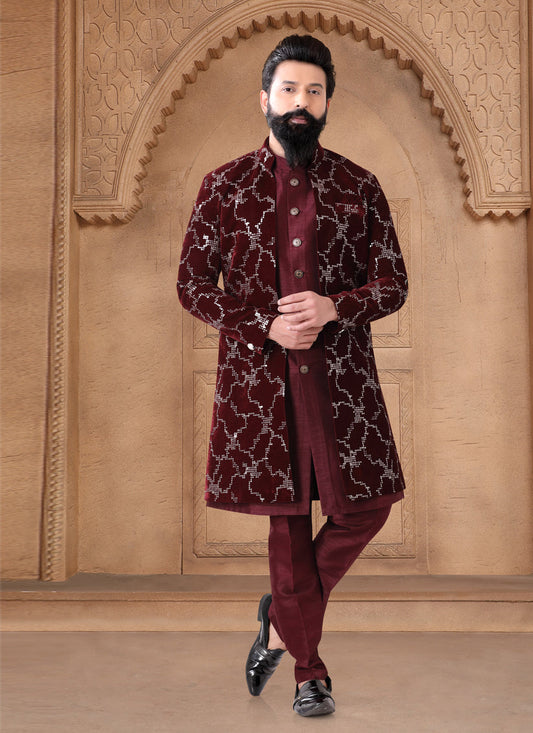 Maroon Velvet Mens Indo Western