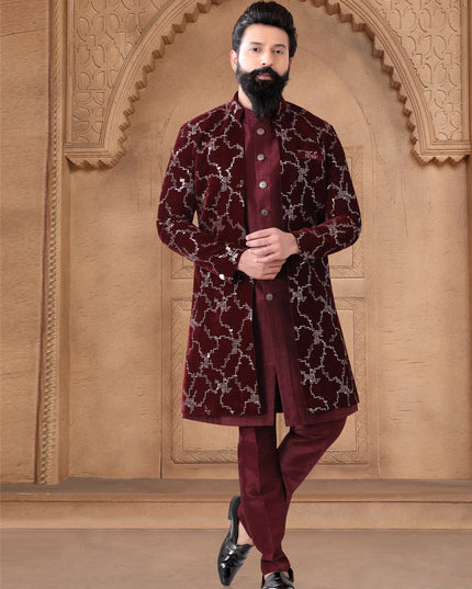 Maroon Velvet Mens Indo Western