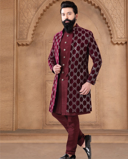 Maroon Velvet Mens Indo Western