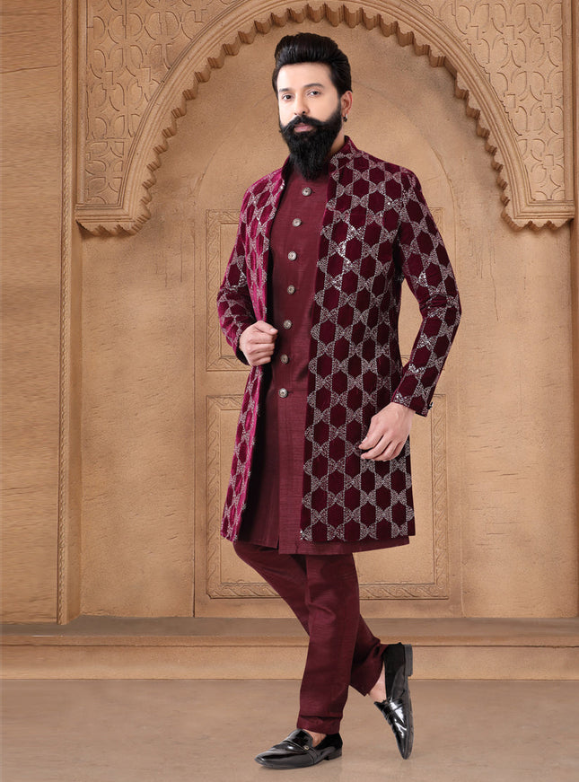 Maroon Velvet Mens Indo Western