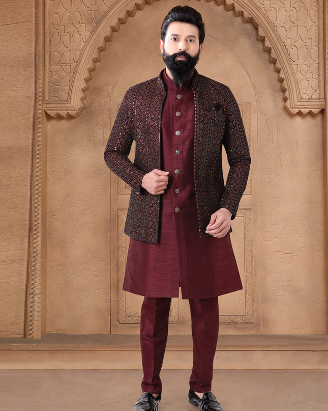 Maroon Velvet Mens Indo Western
