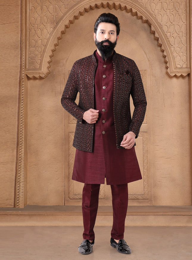 Maroon Velvet Mens Indo Western