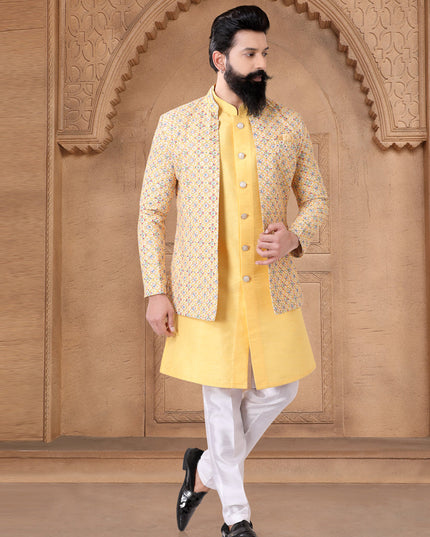 Yellow Silk Mens Indo Western