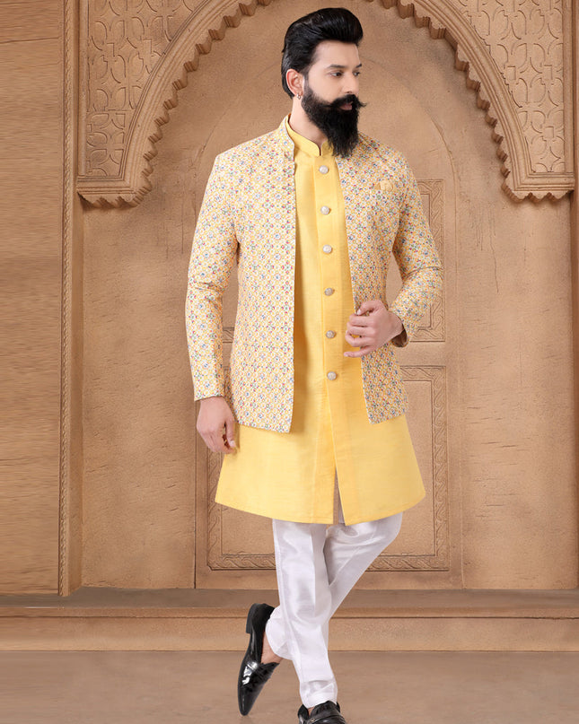 Yellow Silk Mens Indo Western