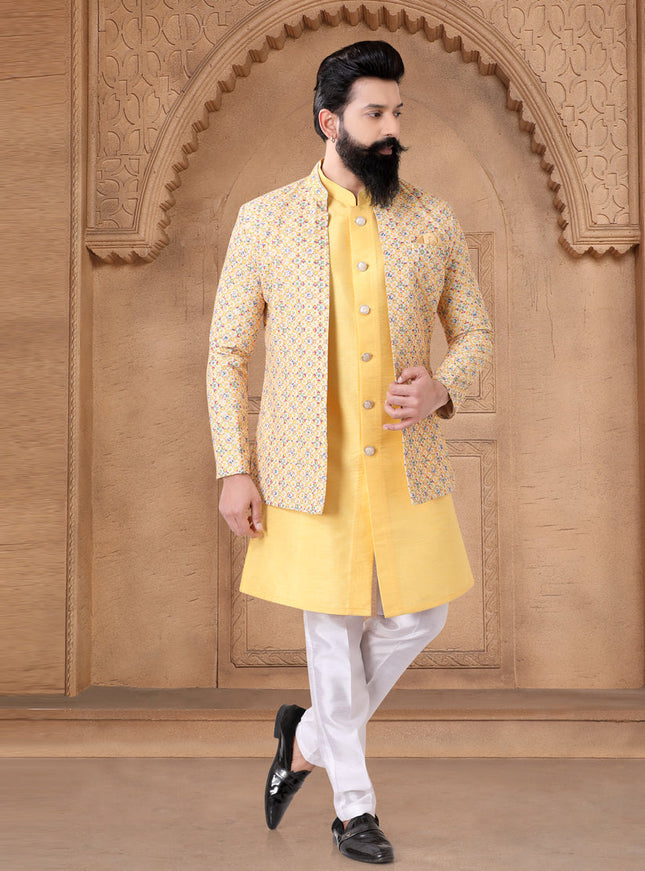 Yellow Silk Mens Indo Western