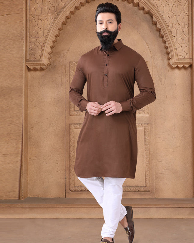 Brown Cotton Mens Kurta Pajama Set