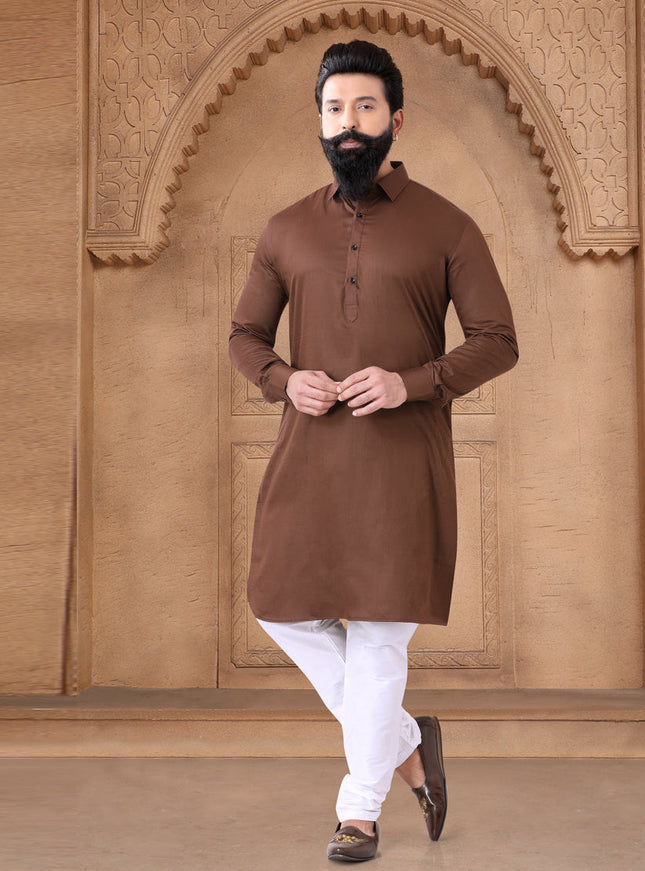 Brown Cotton Mens Kurta Pajama Set