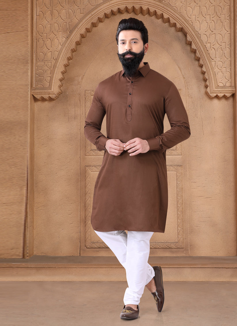 Brown Cotton Mens Kurta Pajama Set