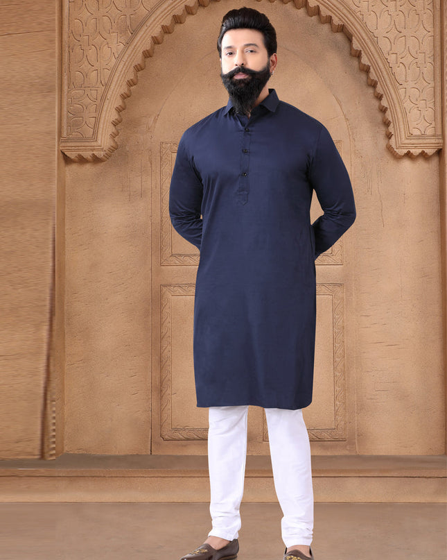 Navy Blue Cotton Mens Kurta Pajama Set