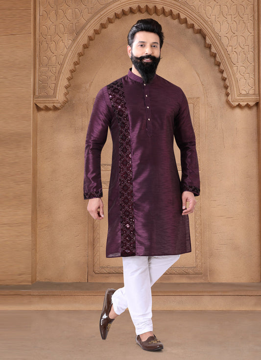 Purple Silk Mens Kurta Pajama Set