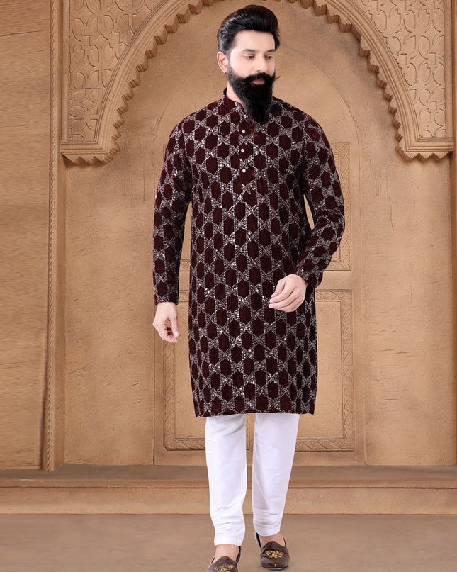Maroon Velvet Mens Kurta Pajama Set