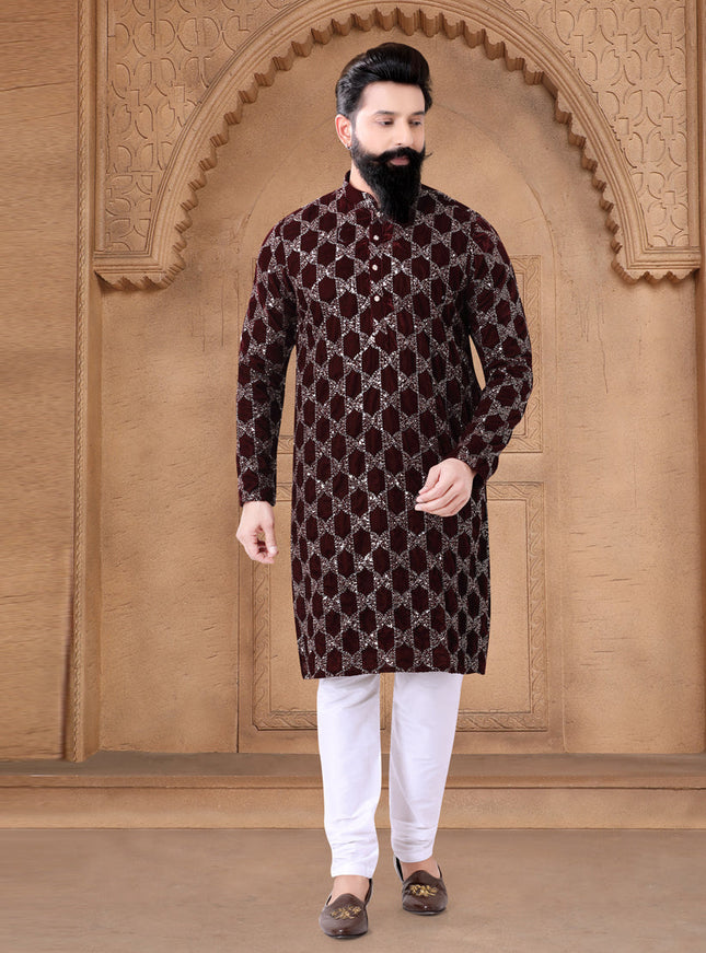 Maroon Velvet Mens Kurta Pajama Set