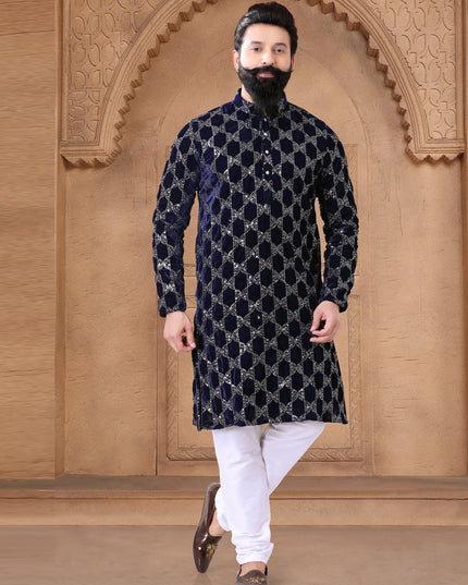 Navy Blue Velvet Mens Kurta Pajama Set