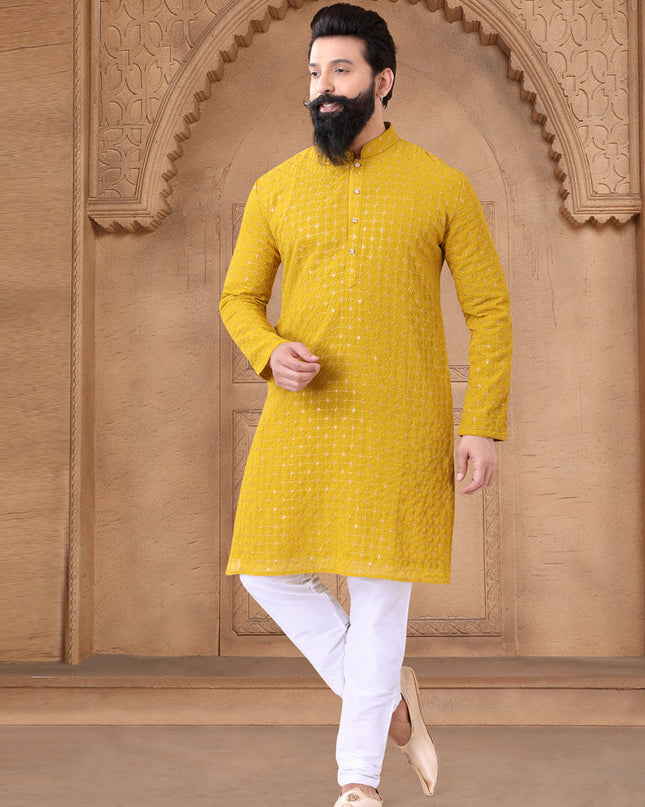 Mustard Yellow Georgette Mens Kurta Pajama Set