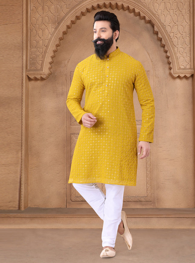 Mustard Yellow Georgette Mens Kurta Pajama Set