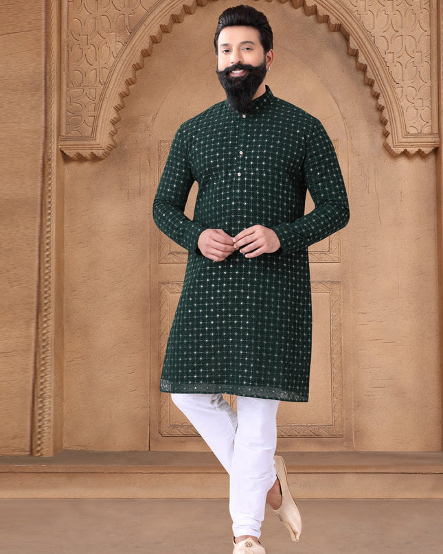 Bottle Green Georgette Mens Kurta Pajama Set