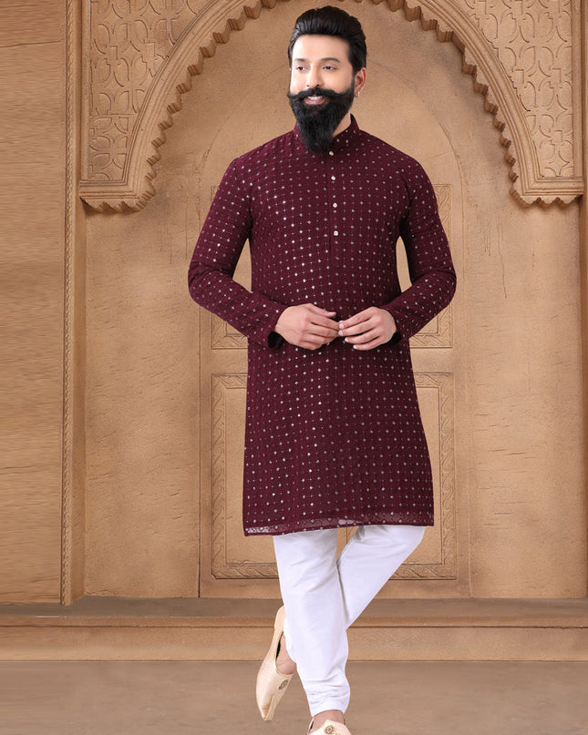 Maroon Georgette Mens Kurta Pajama Set