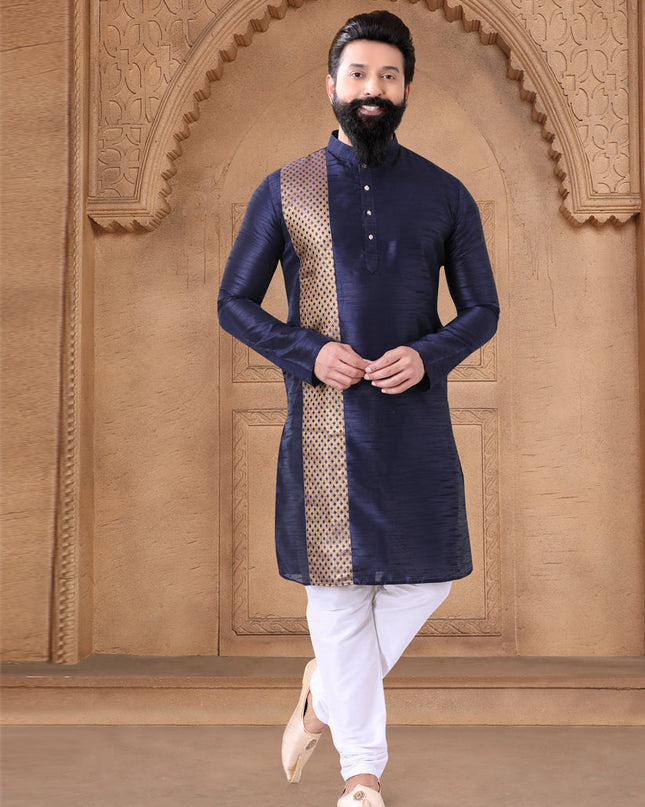 Navy Blue Silk Mens Kurta Pajama Set