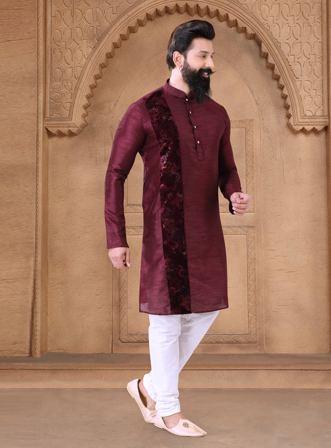 Maroon Silk Mens Kurta Pajama Set