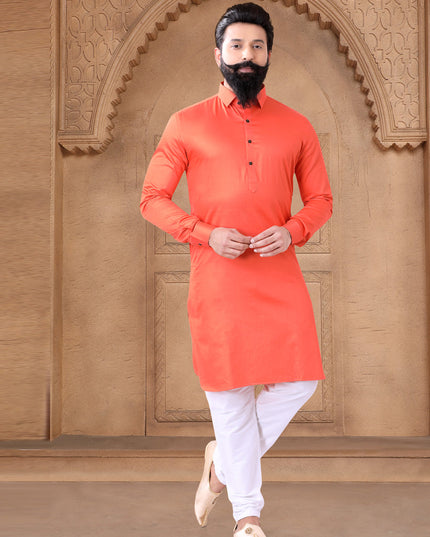 Orange Cotton Mens Kurta Pajama Set