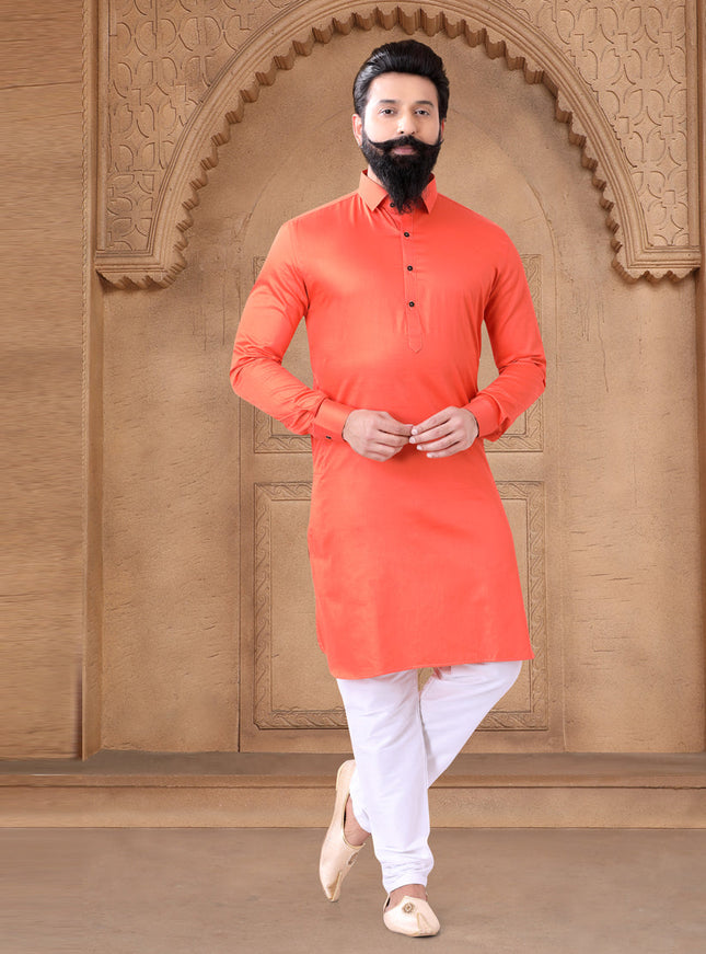 Orange Cotton Mens Kurta Pajama Set