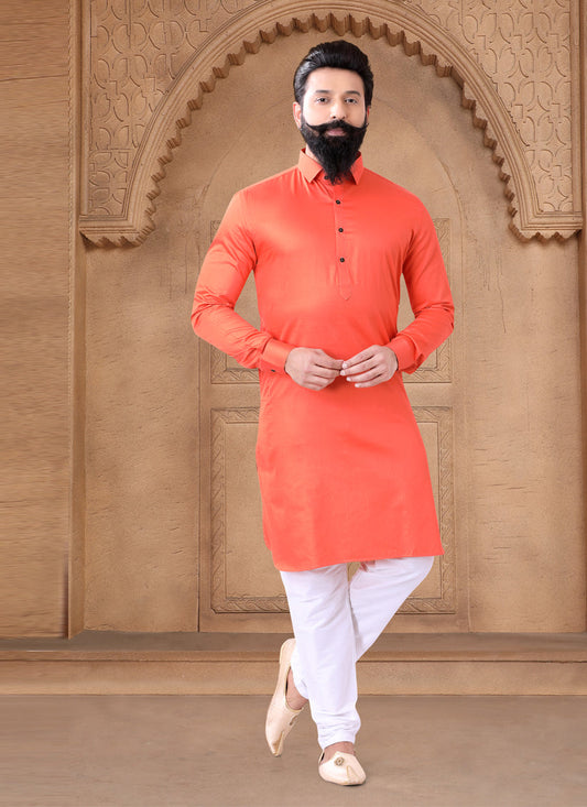 Orange Cotton Mens Kurta Pajama Set
