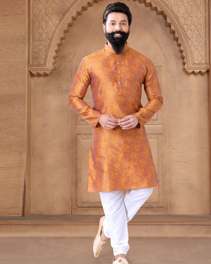 Orange Jacquard Mens Kurta Pajama Set