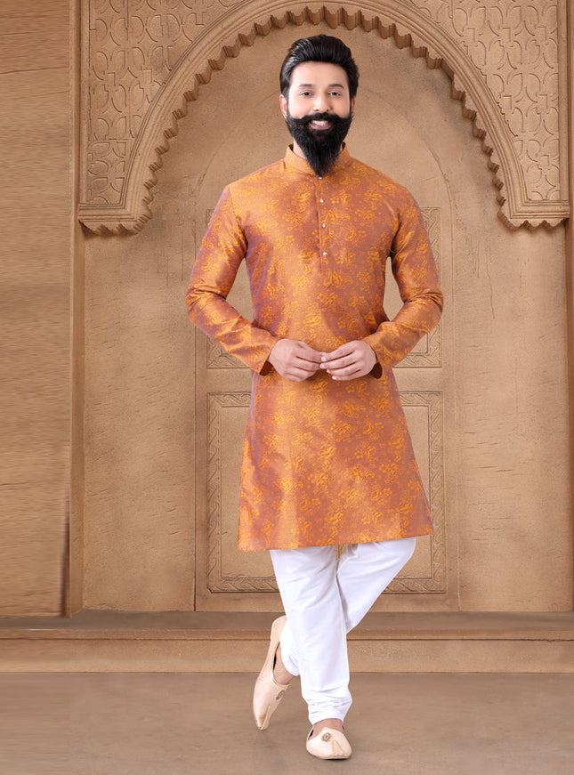 Orange Jacquard Mens Kurta Pajama Set