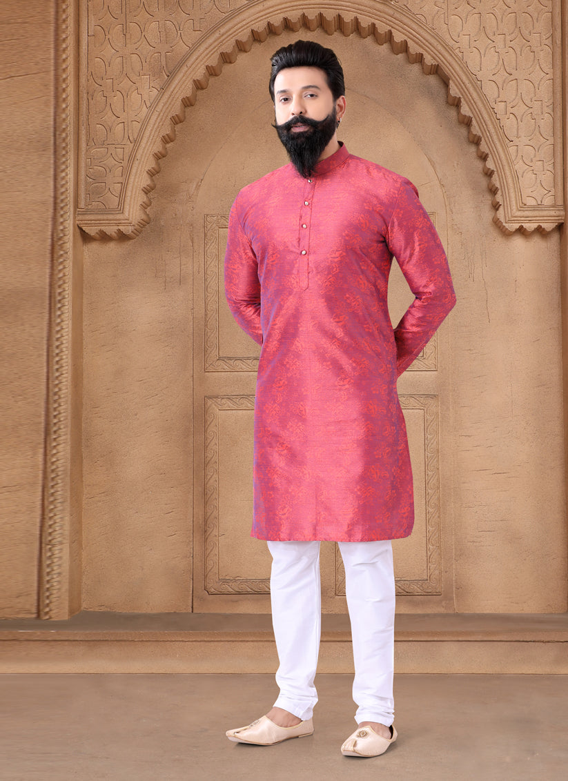 Pink Jacquard Mens Kurta Pajama Set