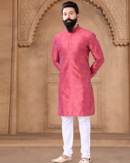 Pink Jacquard Mens Kurta Pajama Set