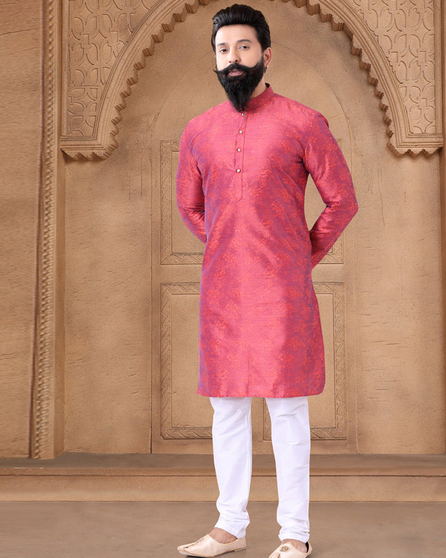 Pink Jacquard Mens Kurta Pajama Set