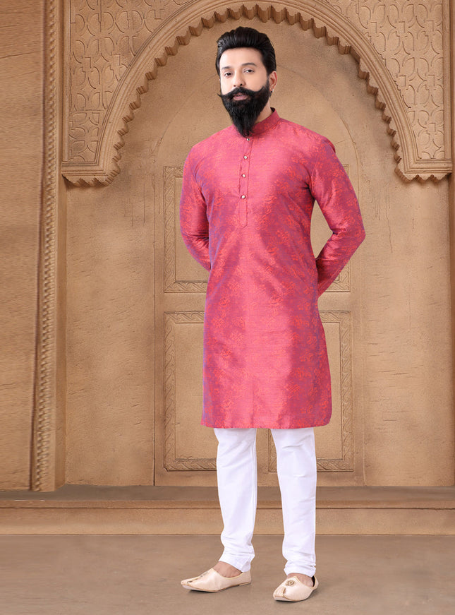 Pink Jacquard Mens Kurta Pajama Set