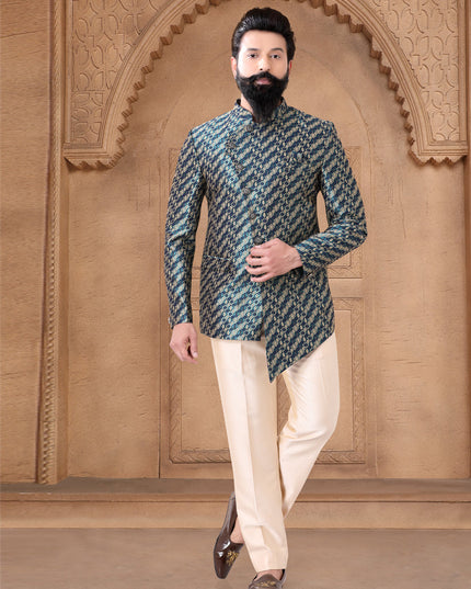 Teal Green Jacquard Jodhpuri Suit