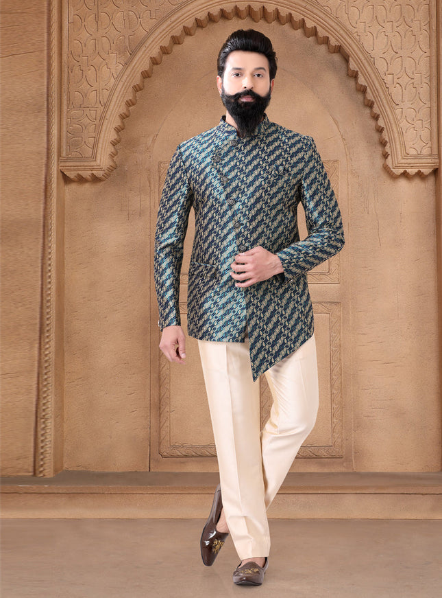 Teal Green Jacquard Jodhpuri Suit