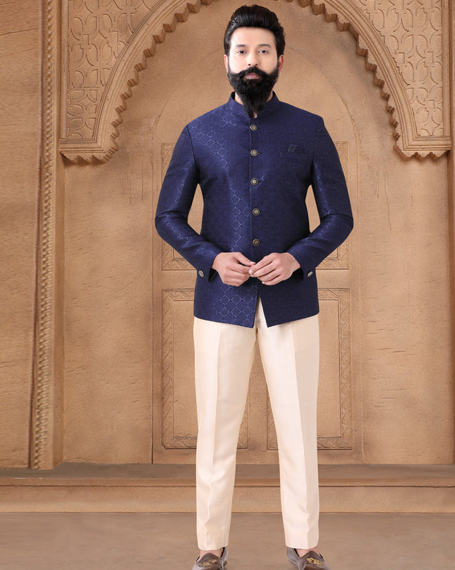 Navy Blue Jacquard Jodhpuri Suit