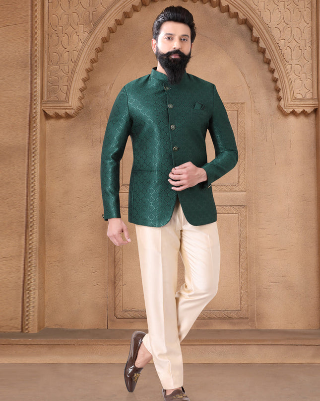 Bottle Green Jacquard Jodhpuri Suit