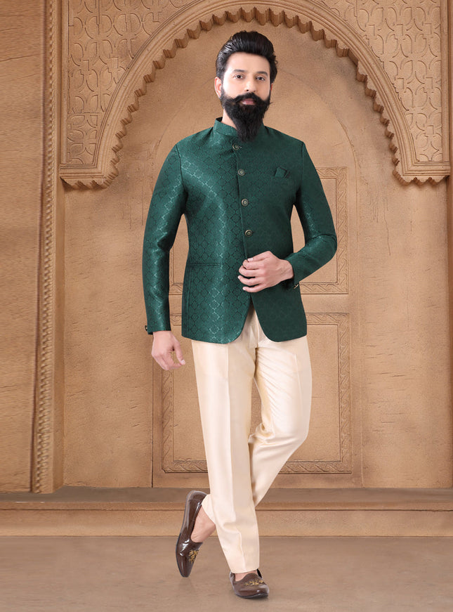 Bottle Green Jacquard Jodhpuri Suit