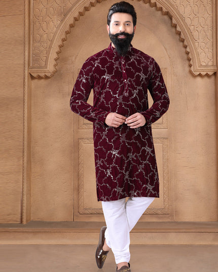 Maroon Velvet Mens Kurta Pajama Set