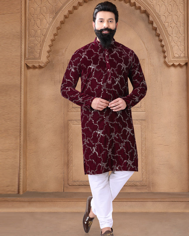Maroon Velvet Mens Kurta Pajama Set