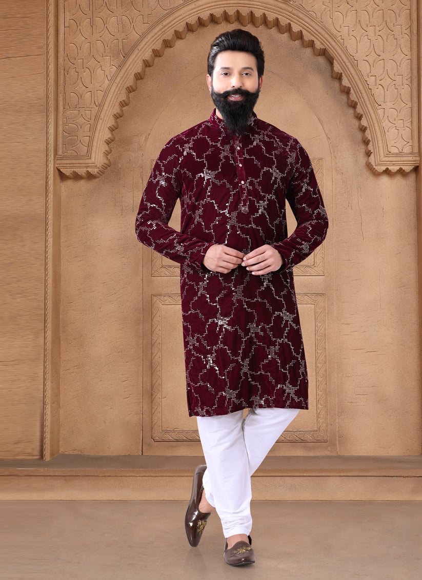 Maroon Velvet Mens Kurta Pajama Set