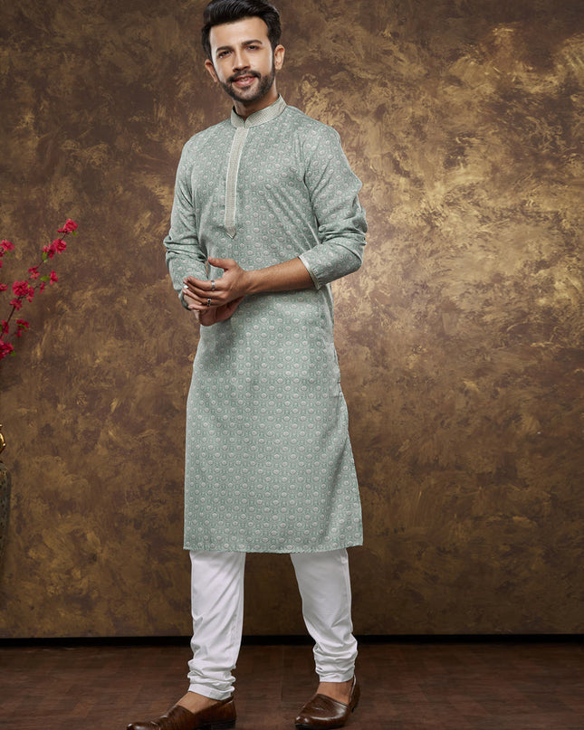 Teal Mint Cotton Printed Kurta Pajama Set