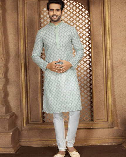 Teal Mint Cotton Printed Kurta Pajama Set