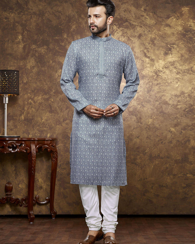 Smoke Grey Cotton Printed Kurta Pajama Set