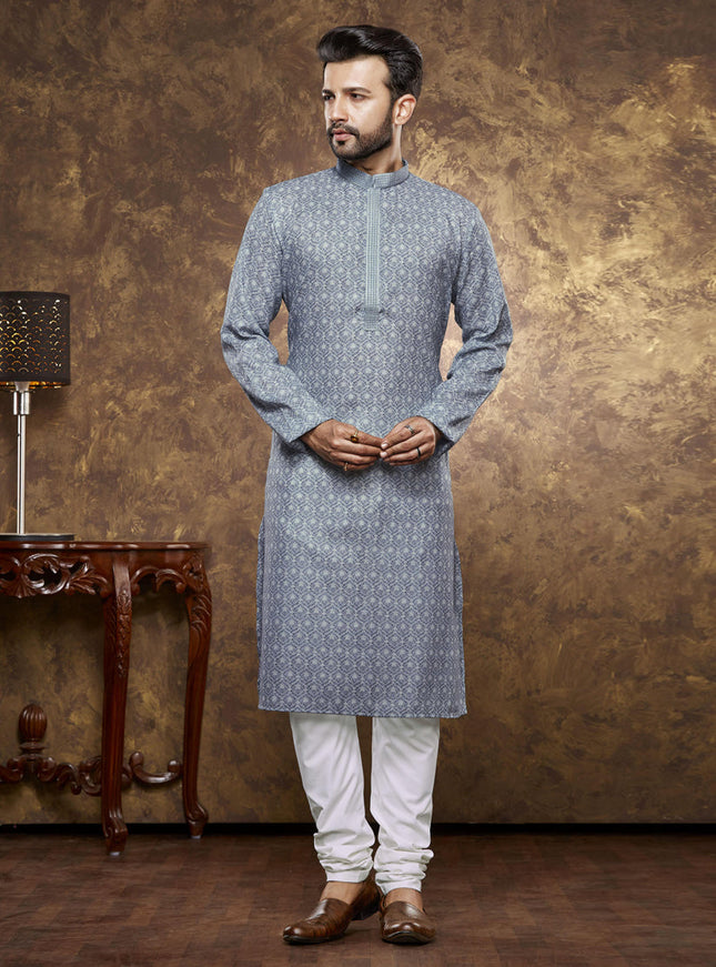 Smoke Grey Cotton Printed Kurta Pajama Set