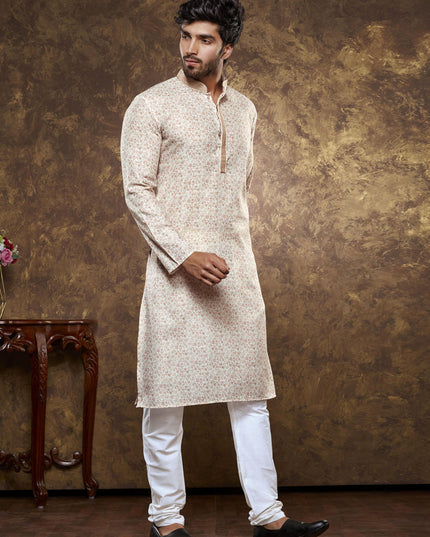 Beige Cotton Printed Kurta Pajama Set