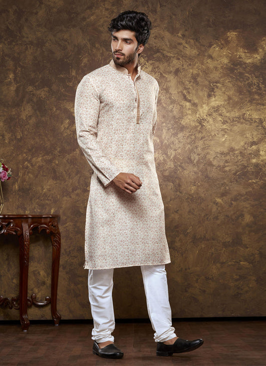 Beige Cotton Printed Kurta Pajama Set