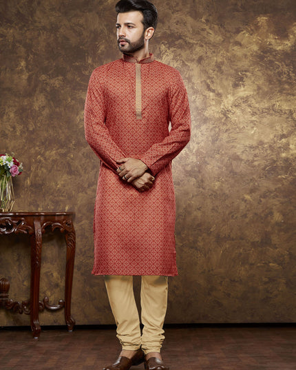 Rust Red Cotton Printed Kurta Pajama Set