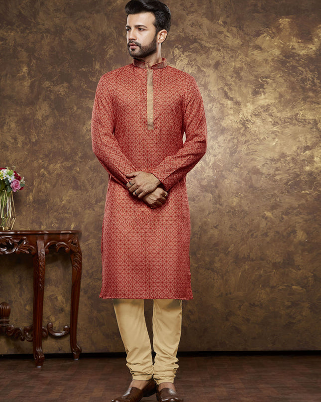 Rust Red Cotton Printed Kurta Pajama Set