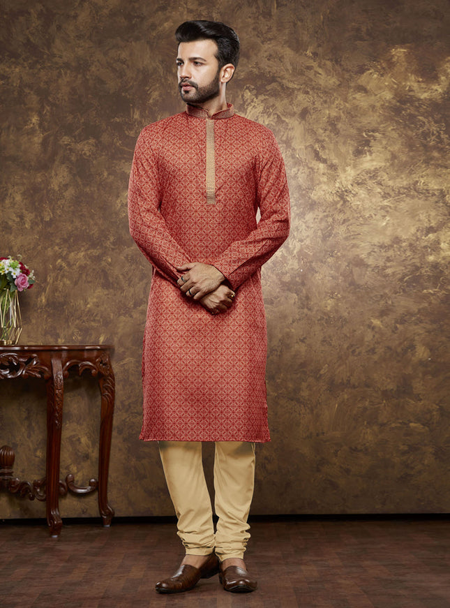 Rust Red Cotton Printed Kurta Pajama Set